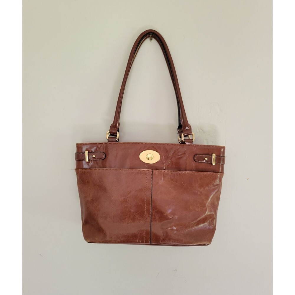 Giani Bernini Cognac Brown Double handle  Structured Shoulder Bag glazed leather